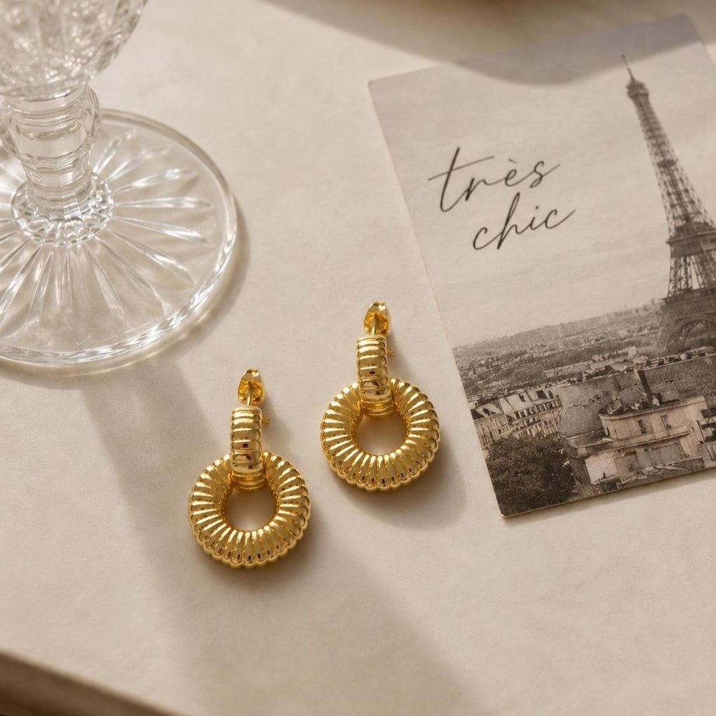 Personalized Ribbed Circle Drop Earrings 18K Gold